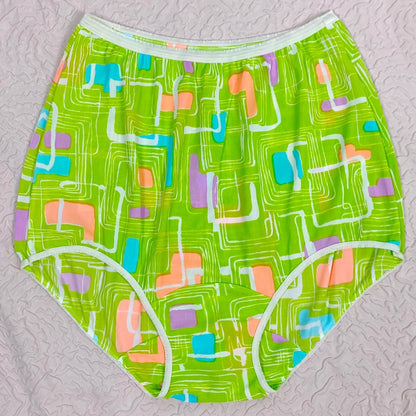 Vintage 1960's Pillow Tab Panties | High Rise Lime Green Nylon with Abstract Print & Mushroom Gusset | Size S, M | By Vassarette - Never Worn - Daggers & Dames