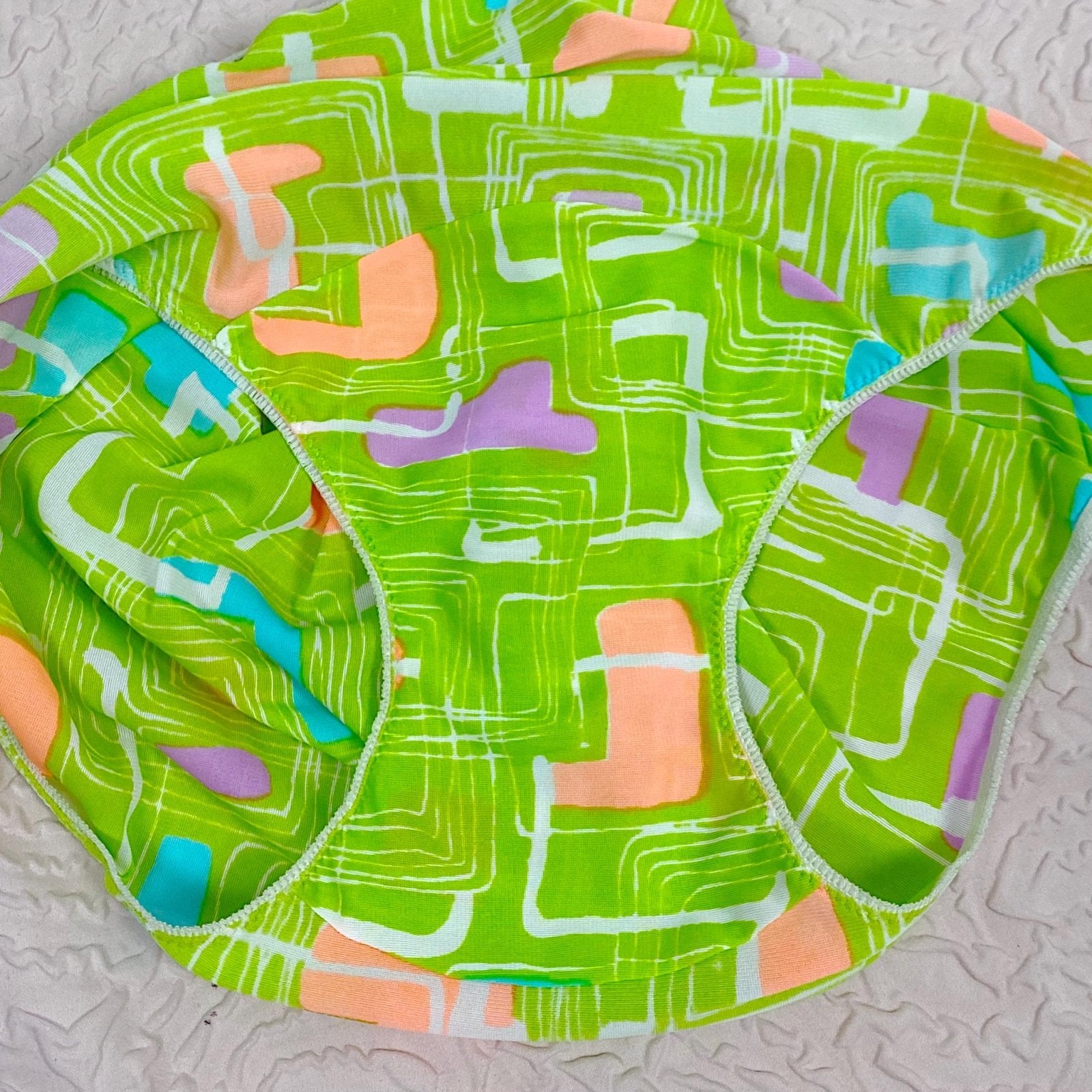 Vintage 1960's Pillow Tab Panties | High Rise Lime Green Nylon with Abstract Print & Mushroom Gusset | Size S, M | By Vassarette - Never Worn - Daggers & Dames