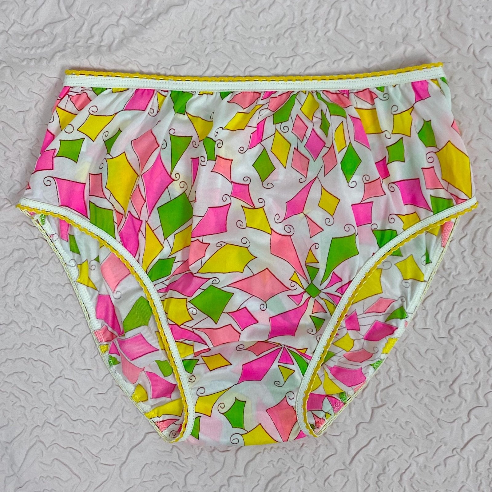 Vintage 1960's Pillow Tab Panties | Low Cut White Nylon with Neon Diamond Pattern & Mushroom Gusset | Size XS, S | Heiress - Never Worn - Daggers & Dames