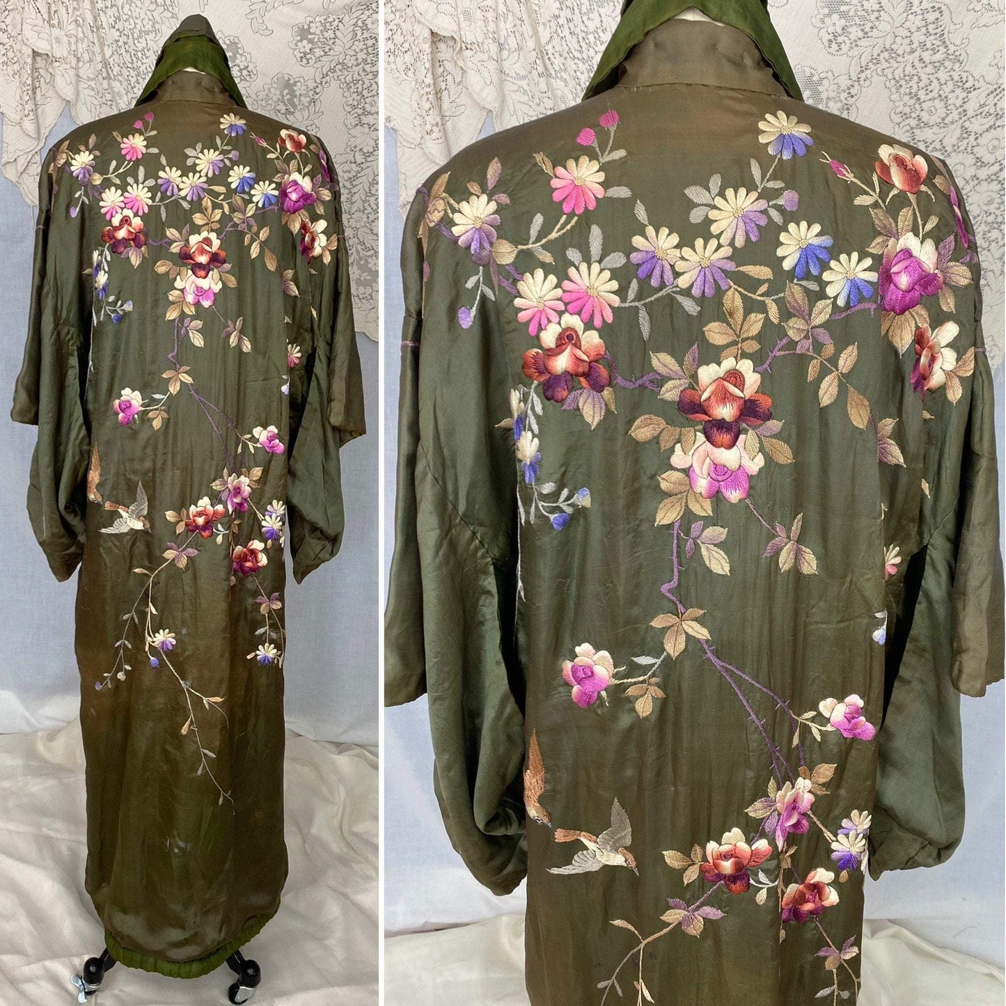 Antique 1900 - 1910's Edwardian Japanese Kimono Robe | Olive Green Tissue Silk with Floral Hand Embroidery & Fringe Sash Tie | Size Free - Daggers & Dames