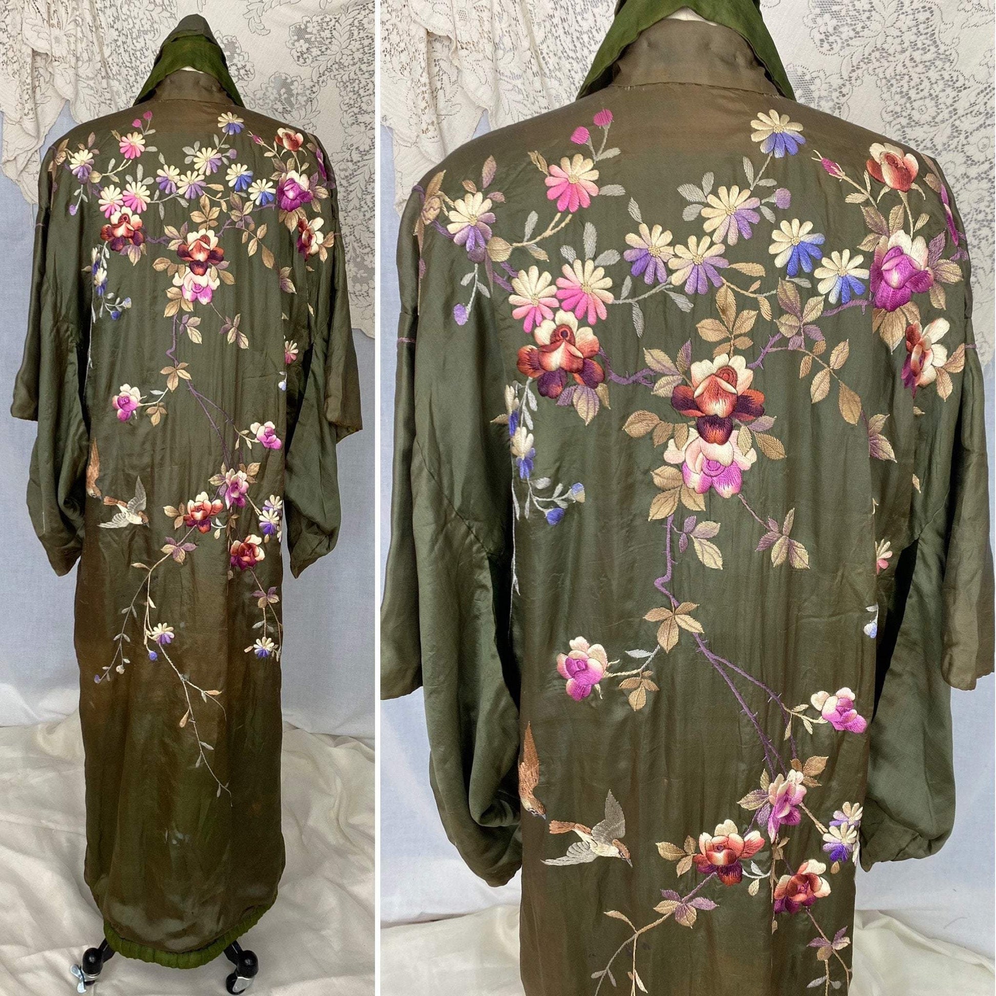 Antique 1900 - 1910's Edwardian Japanese Kimono Robe | Olive Green Tissue Silk with Floral Hand Embroidery & Fringe Sash Tie | Size Free - Daggers & Dames