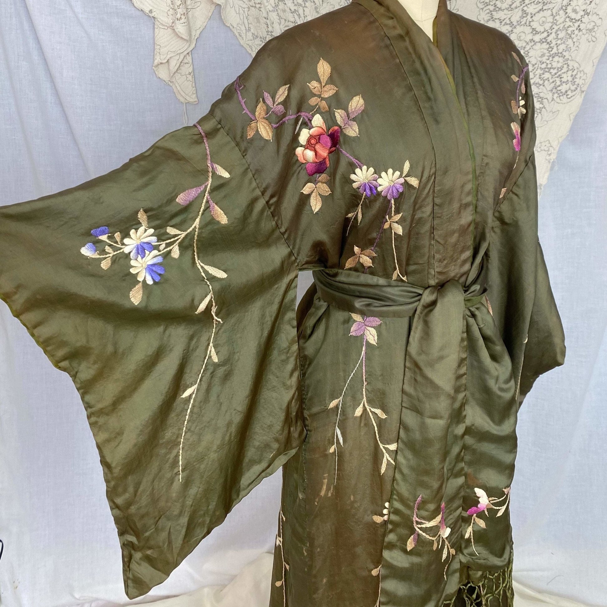 Antique 1900 - 1910's Edwardian Japanese Kimono Robe | Olive Green Tissue Silk with Floral Hand Embroidery & Fringe Sash Tie | Size Free - Daggers & Dames
