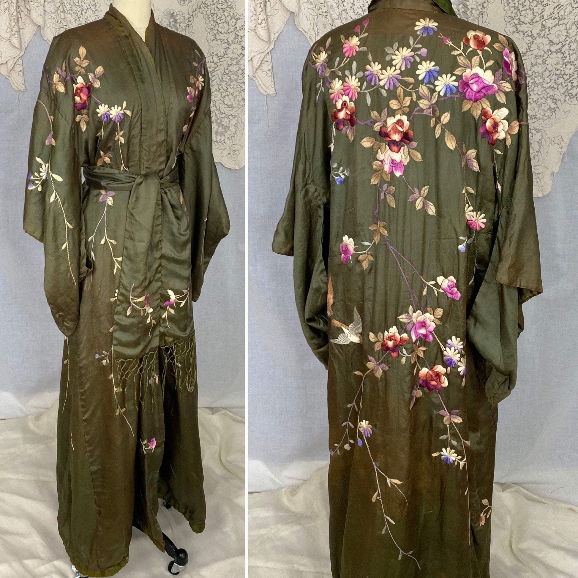 Antique 1900 - 1910's Edwardian Japanese Kimono Robe | Olive Green Tissue Silk with Floral Hand Embroidery & Fringe Sash Tie | Size Free - Daggers & Dames
