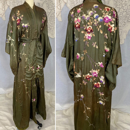 Antique 1900 - 1910's Edwardian Japanese Kimono Robe | Olive Green Tissue Silk with Floral Hand Embroidery & Fringe Sash Tie | Size Free - Daggers & Dames