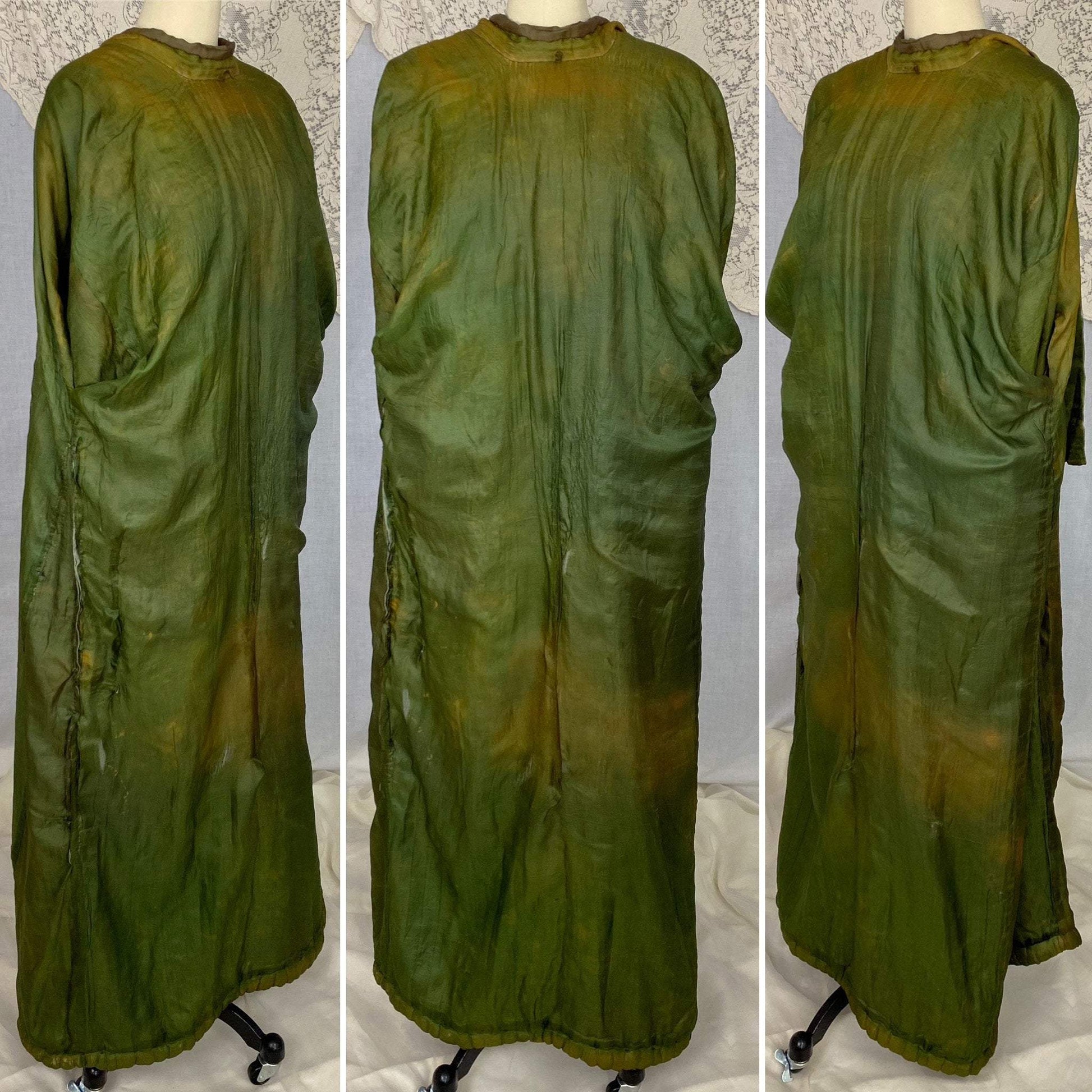 Antique 1900 - 1910's Edwardian Japanese Kimono Robe | Olive Green Tissue Silk with Floral Hand Embroidery & Fringe Sash Tie | Size Free - Daggers & Dames