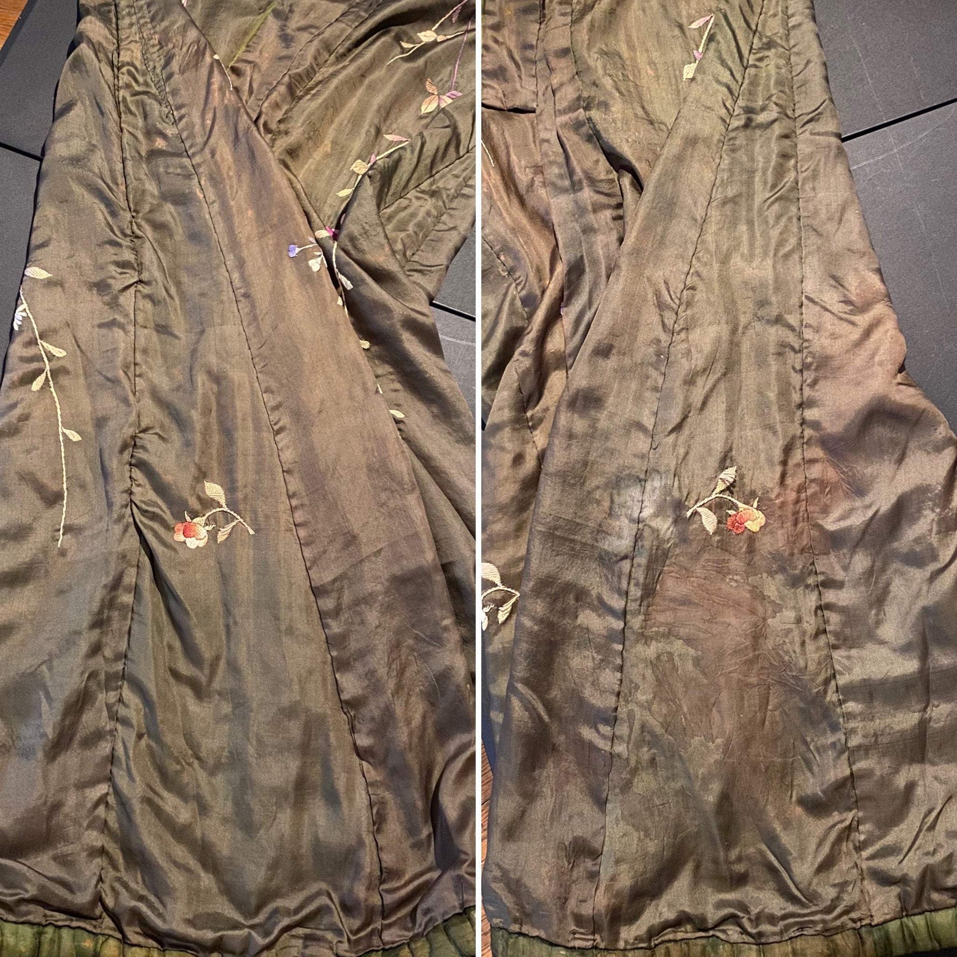 Antique 1900 - 1910's Edwardian Japanese Kimono Robe | Olive Green Tissue Silk with Floral Hand Embroidery & Fringe Sash Tie | Size Free - Daggers & Dames
