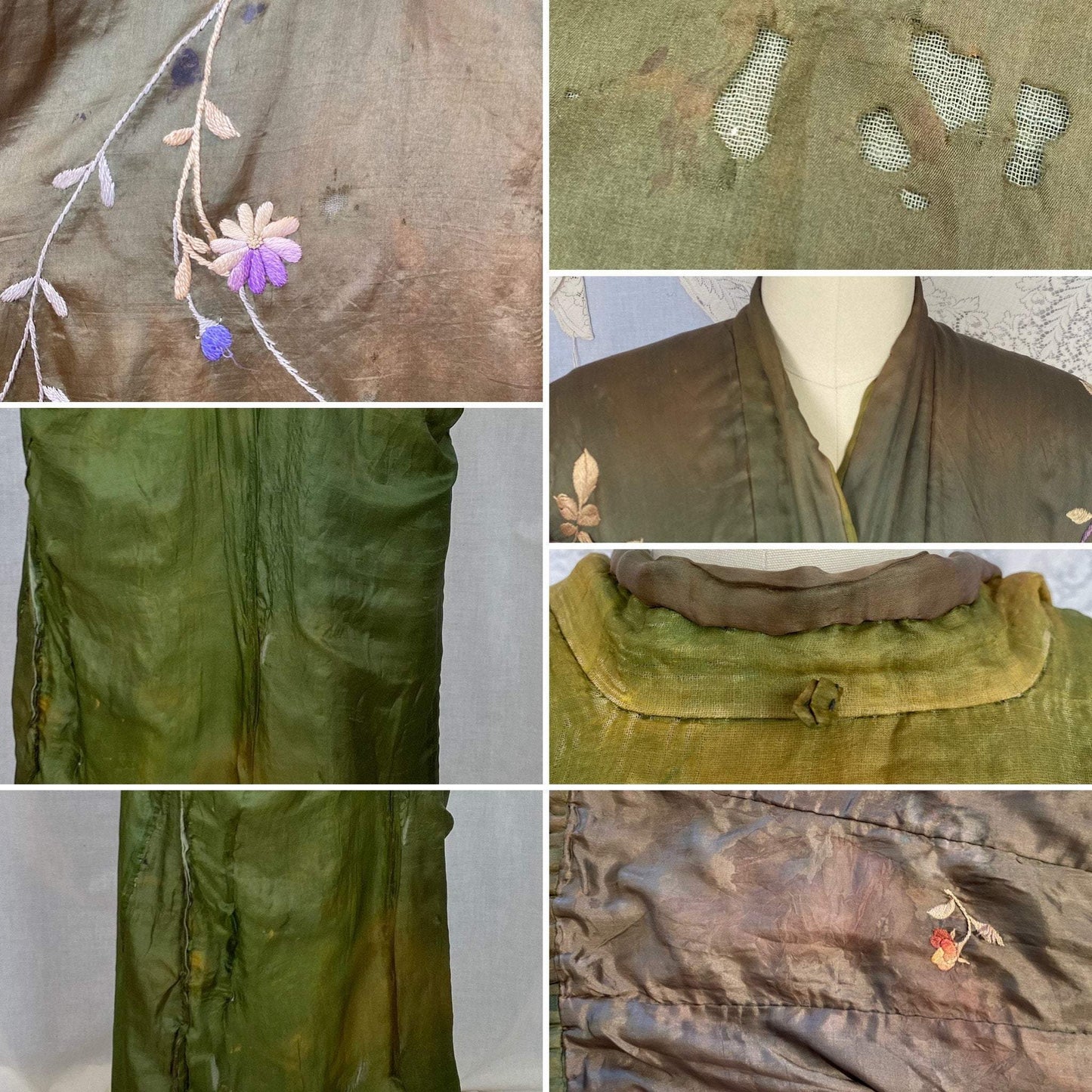 Antique 1900 - 1910's Edwardian Japanese Kimono Robe | Olive Green Tissue Silk with Floral Hand Embroidery & Fringe Sash Tie | Size Free - Daggers & Dames