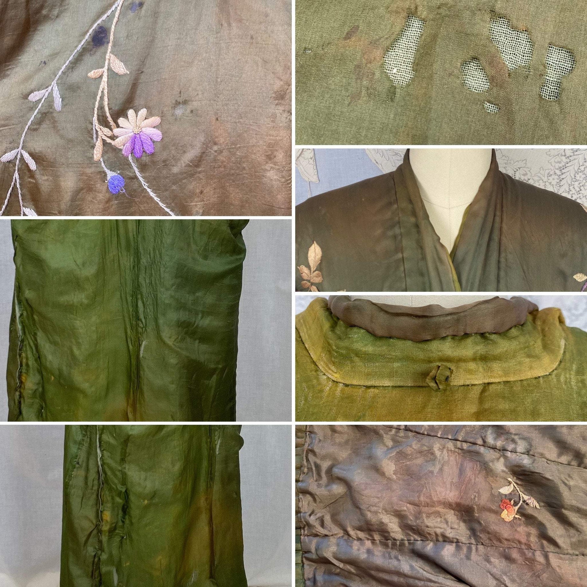 Antique 1900 - 1910's Edwardian Japanese Kimono Robe | Olive Green Tissue Silk with Floral Hand Embroidery & Fringe Sash Tie | Size Free - Daggers & Dames