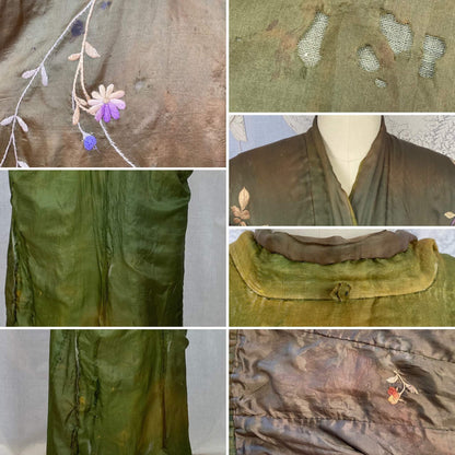 Antique 1900 - 1910's Edwardian Japanese Kimono Robe | Olive Green Tissue Silk with Floral Hand Embroidery & Fringe Sash Tie | Size Free - Daggers & Dames