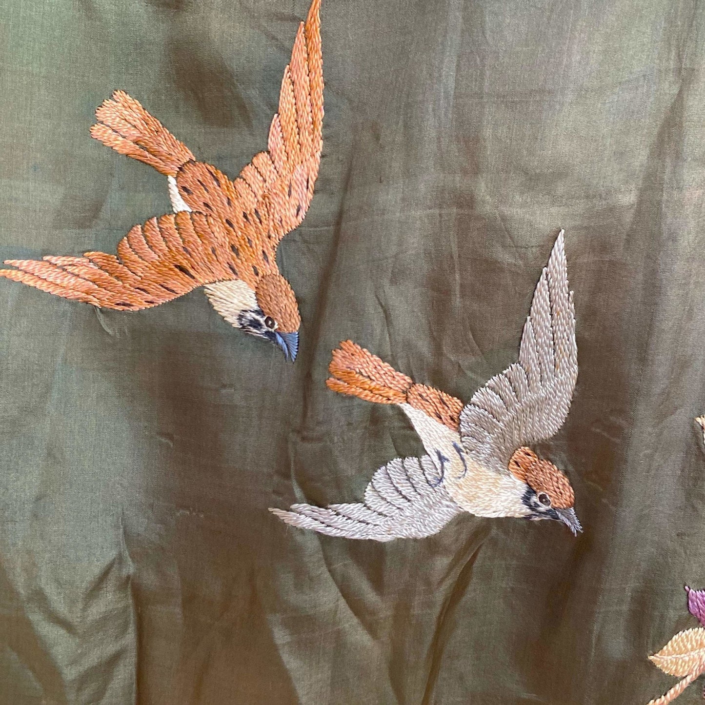 Antique 1900 - 1910's Edwardian Japanese Kimono Robe | Olive Green Tissue Silk with Floral Hand Embroidery & Fringe Sash Tie | Size Free - Daggers & Dames