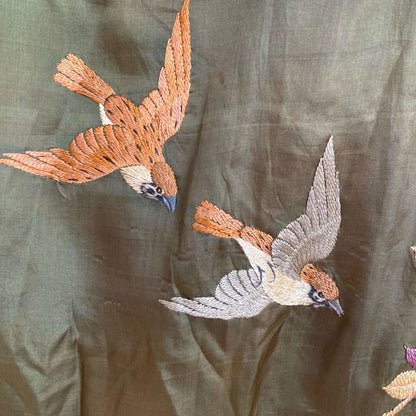 Antique 1900 - 1910's Edwardian Japanese Kimono Robe | Olive Green Tissue Silk with Floral Hand Embroidery & Fringe Sash Tie | Size Free - Daggers & Dames