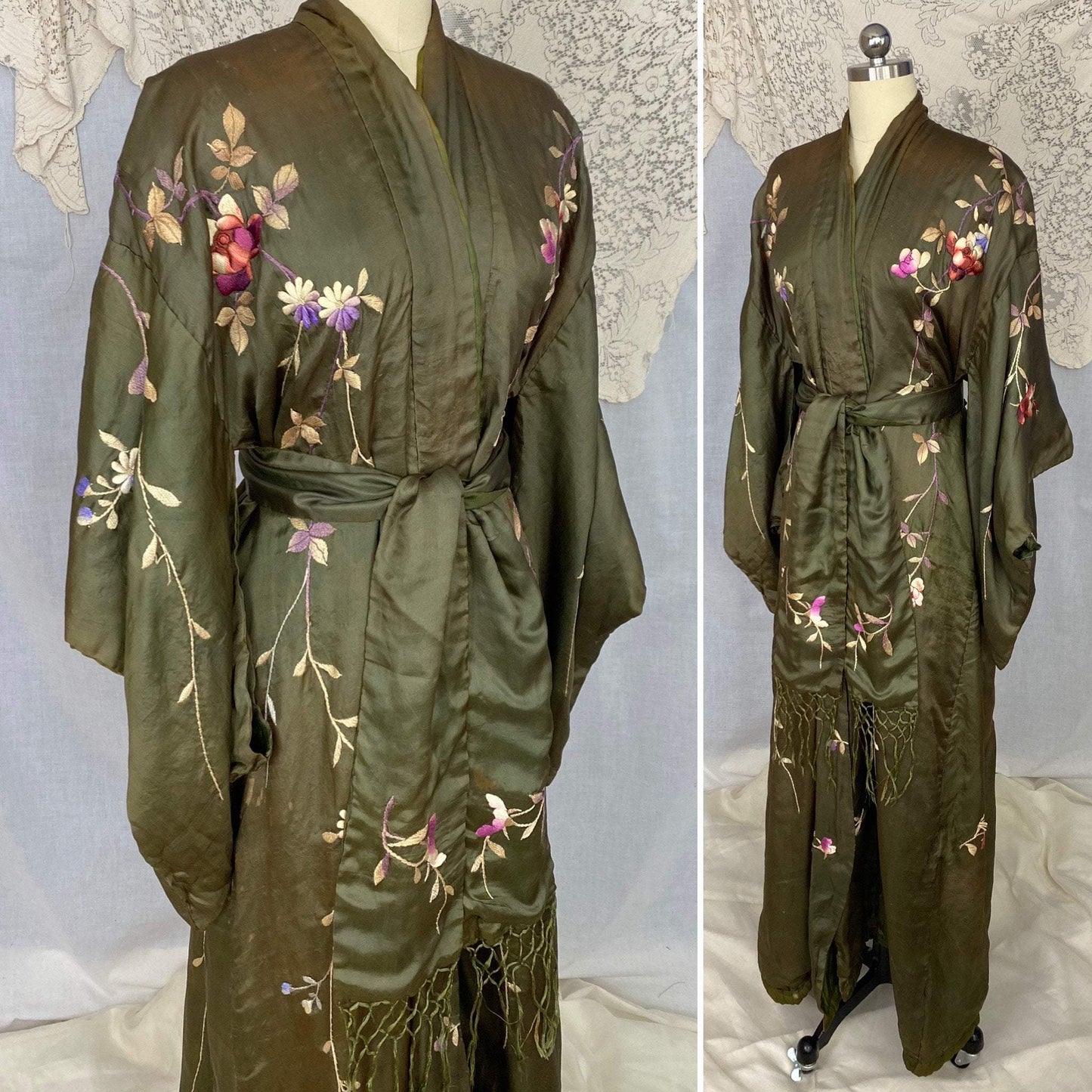 Antique 1900 - 1910's Edwardian Japanese Kimono Robe | Olive Green Tissue Silk with Floral Hand Embroidery & Fringe Sash Tie | Size Free - Daggers & Dames