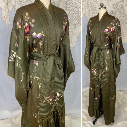 Antique 1900 - 1910's Edwardian Japanese Kimono Robe | Olive Green Tissue Silk with Floral Hand Embroidery & Fringe Sash Tie | Size Free - Daggers & Dames