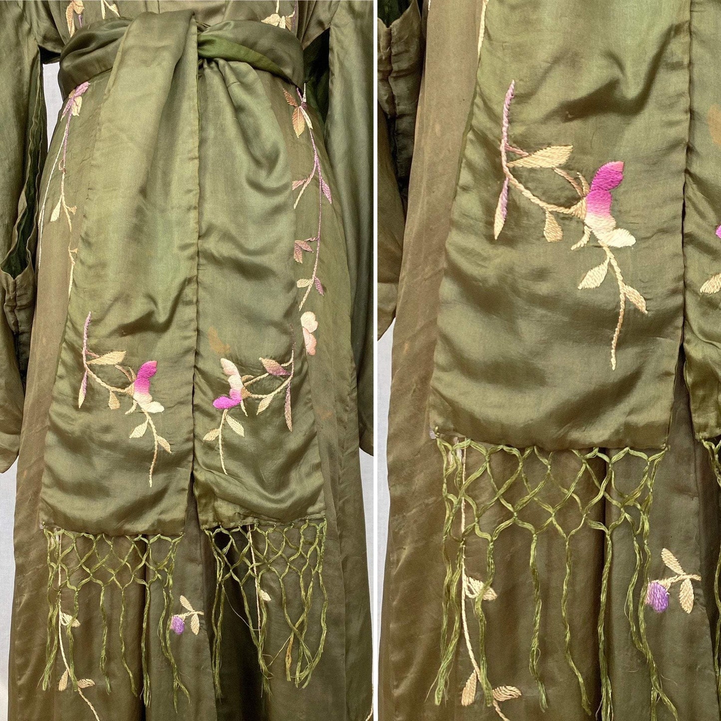 Antique 1900 - 1910's Edwardian Japanese Kimono Robe | Olive Green Tissue Silk with Floral Hand Embroidery & Fringe Sash Tie | Size Free - Daggers & Dames