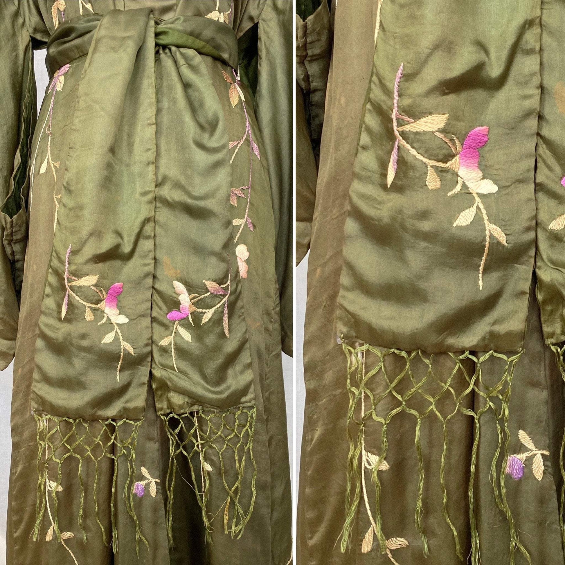 Antique 1900 - 1910's Edwardian Japanese Kimono Robe | Olive Green Tissue Silk with Floral Hand Embroidery & Fringe Sash Tie | Size Free - Daggers & Dames