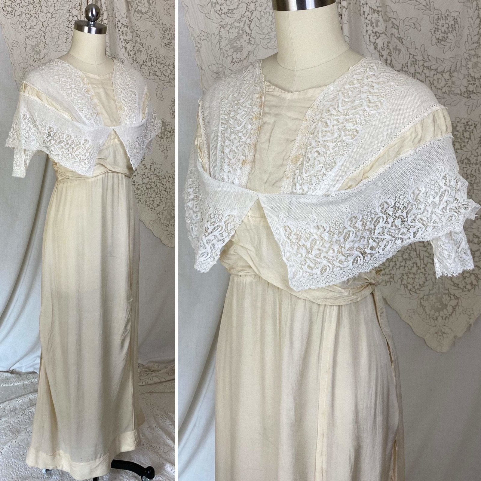 Antique 1900's - 1910's Dress | Buttercream Silk with White Chantilly Lace & Animal Bone | Size XS - Daggers & Dames