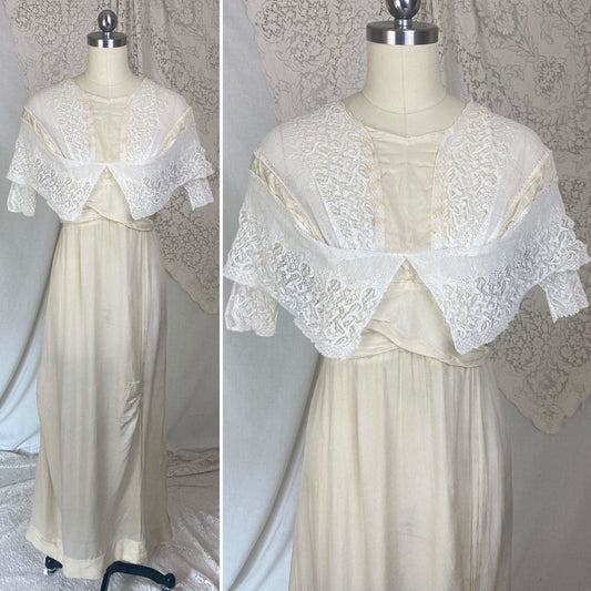 Antique 1900's - 1910's Dress | Buttercream Silk with White Chantilly Lace & Animal Bone | Size XS - Daggers & Dames