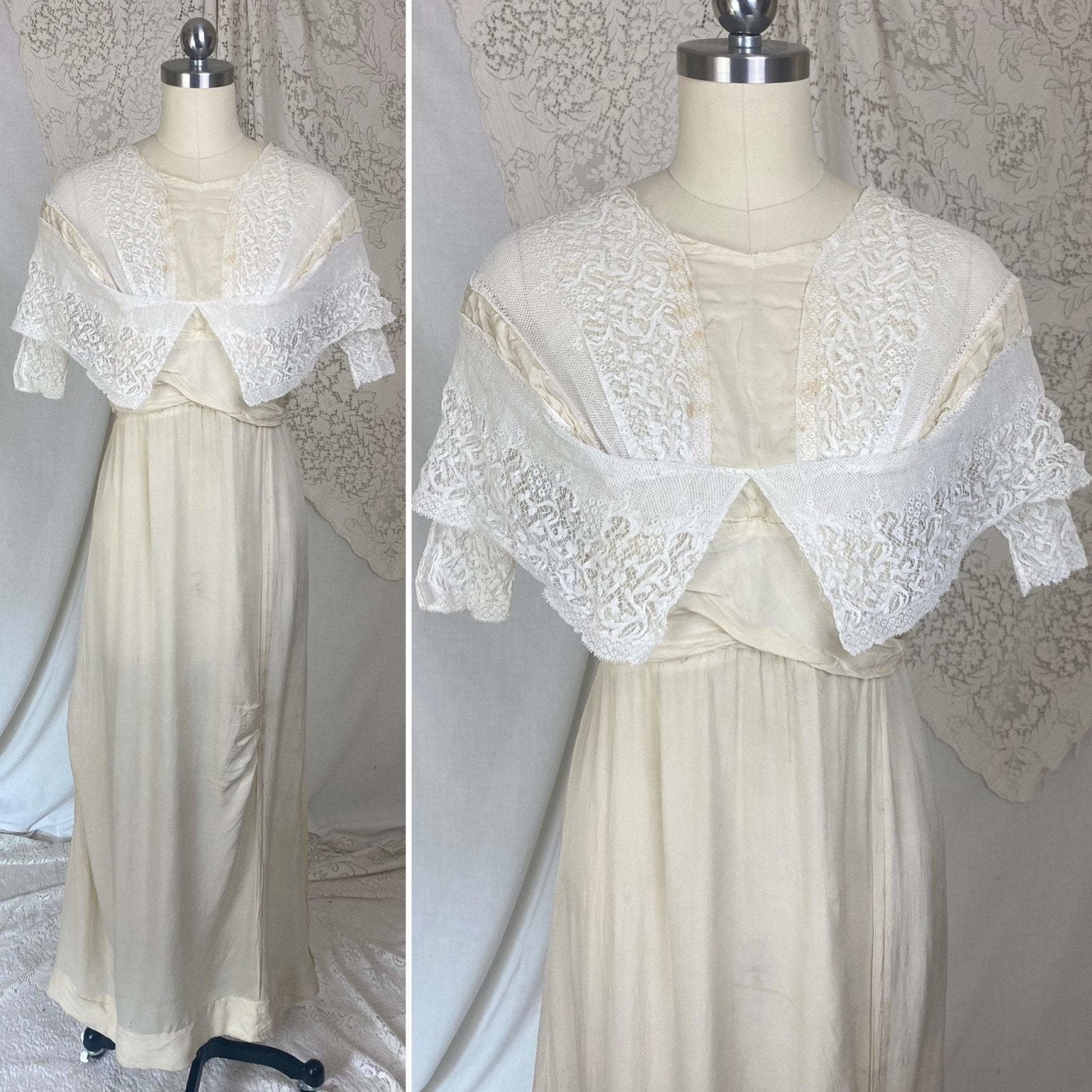 Antique 1900's - 1910's Dress | Buttercream Silk with White Chantilly Lace & Animal Bone | Size XS - Daggers & Dames