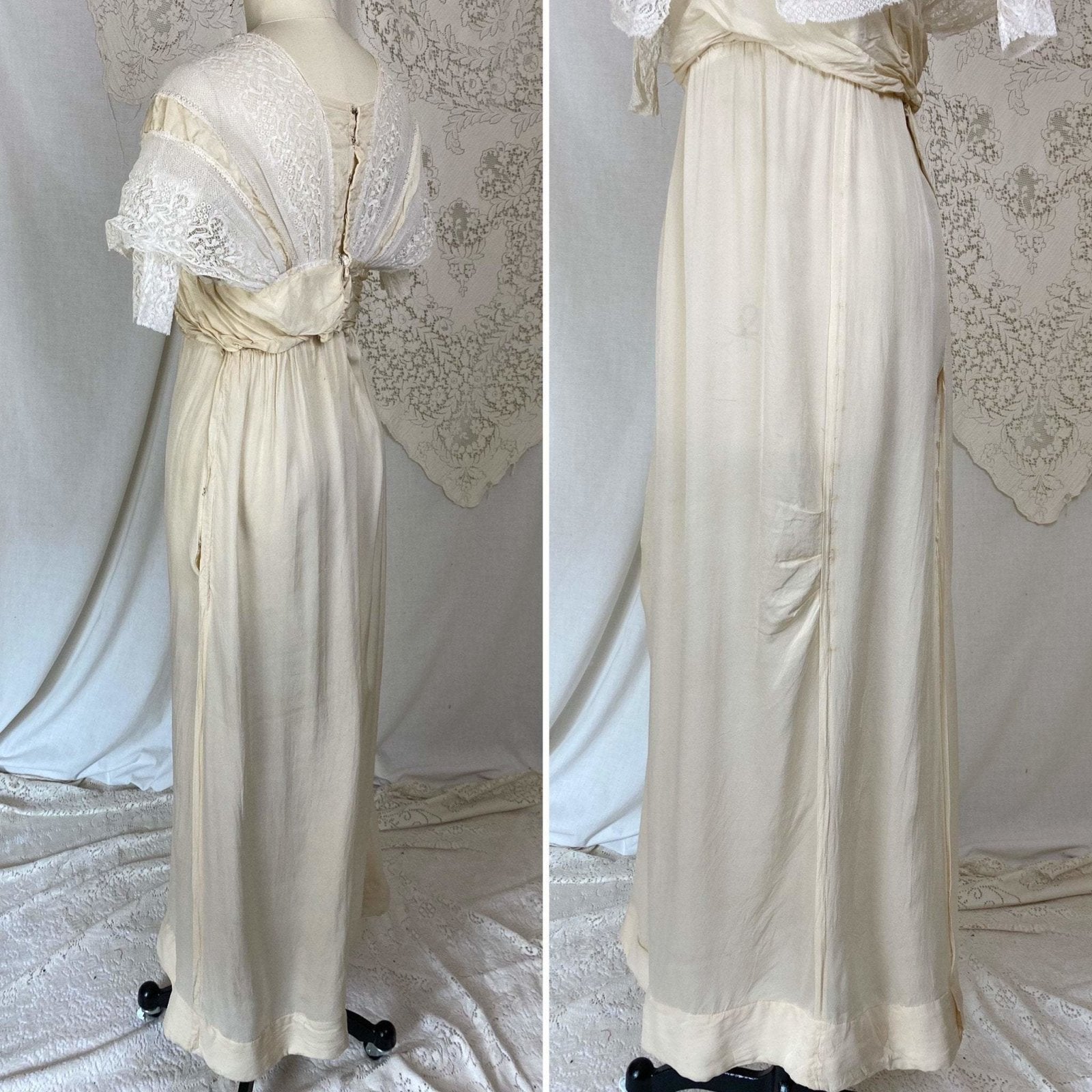 Antique 1900's - 1910's Dress | Buttercream Silk with White Chantilly Lace & Animal Bone | Size XS - Daggers & Dames