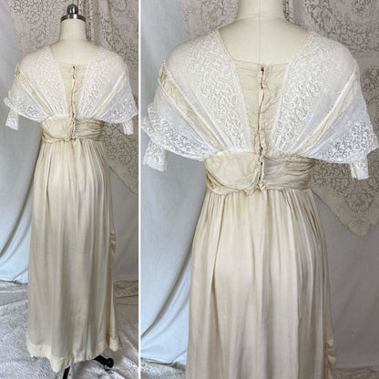 Antique 1900's - 1910's Dress | Buttercream Silk with White Chantilly Lace & Animal Bone | Size XS - Daggers & Dames