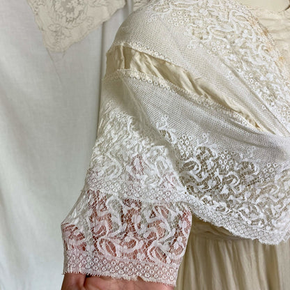 Antique 1900's - 1910's Dress | Buttercream Silk with White Chantilly Lace & Animal Bone | Size XS - Daggers & Dames