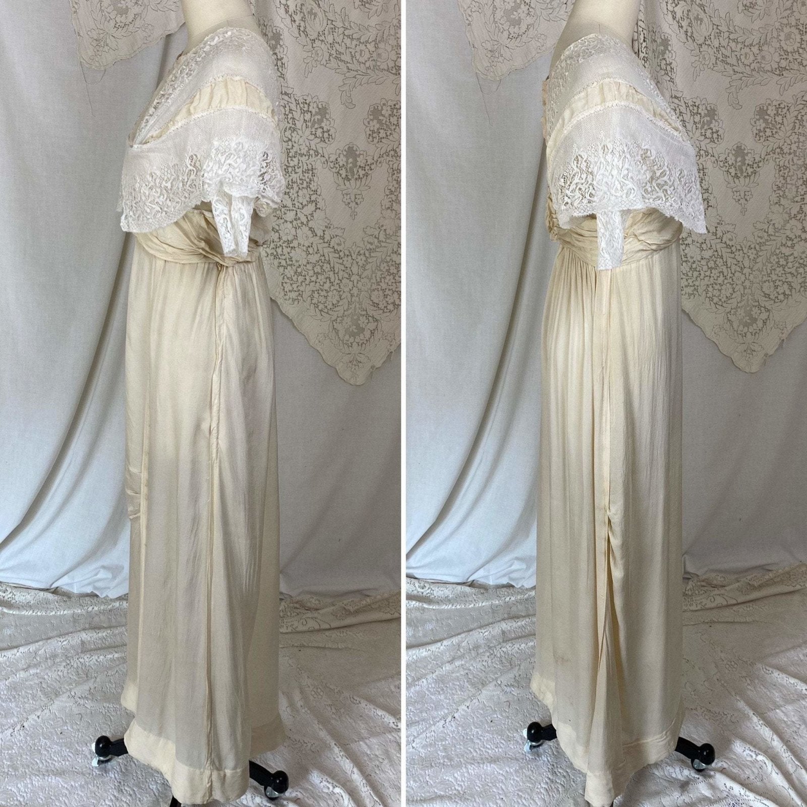 Antique 1900's - 1910's Dress | Buttercream Silk with White Chantilly Lace & Animal Bone | Size XS - Daggers & Dames
