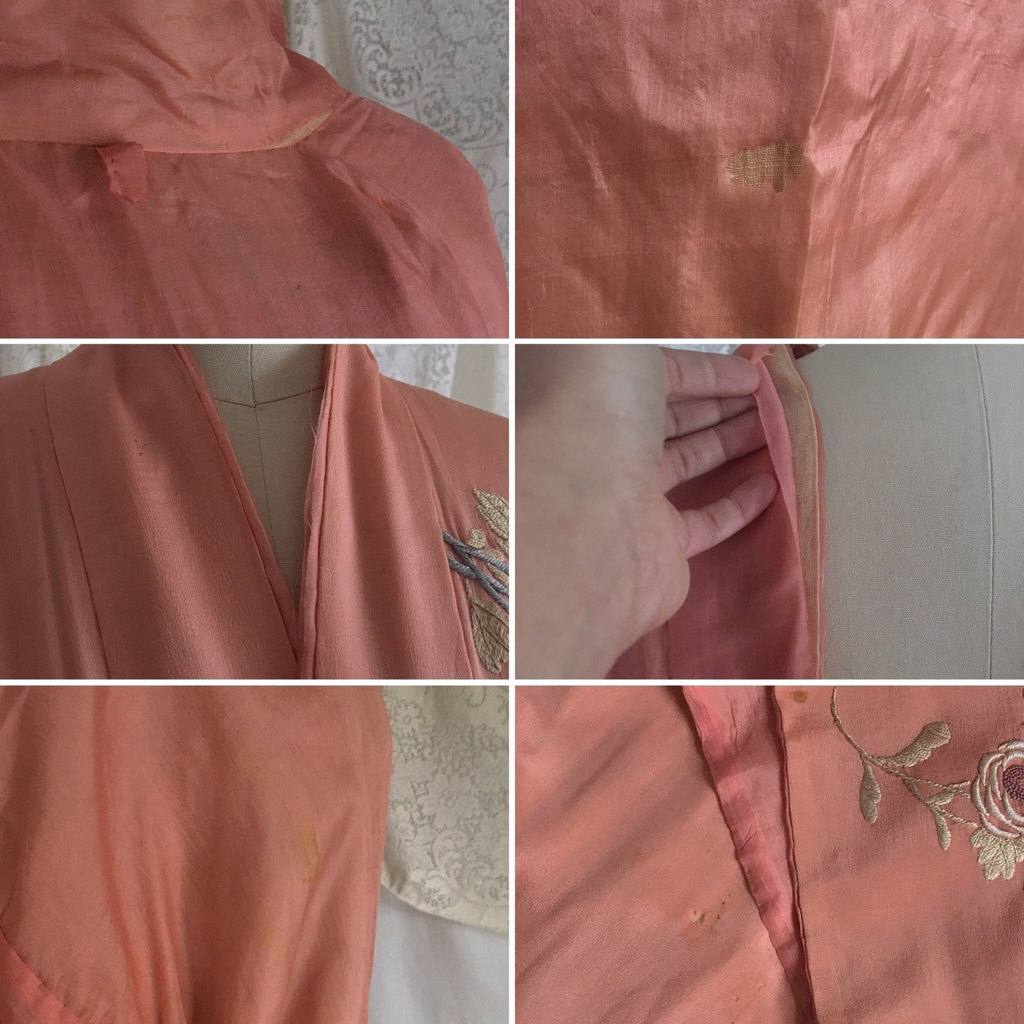 Antique 1900’s Japanese Kimono Robe | Coral Pink Silk with Pastel Floral Embroidery & Tassel Sash | Size Free - Daggers & Dames