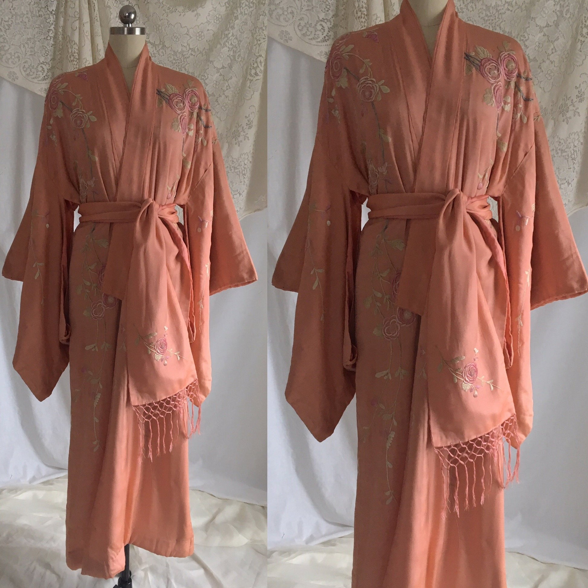 Antique 1900’s Japanese Kimono Robe | Coral Pink Silk with Pastel Floral Embroidery & Tassel Sash | Size Free - Daggers & Dames