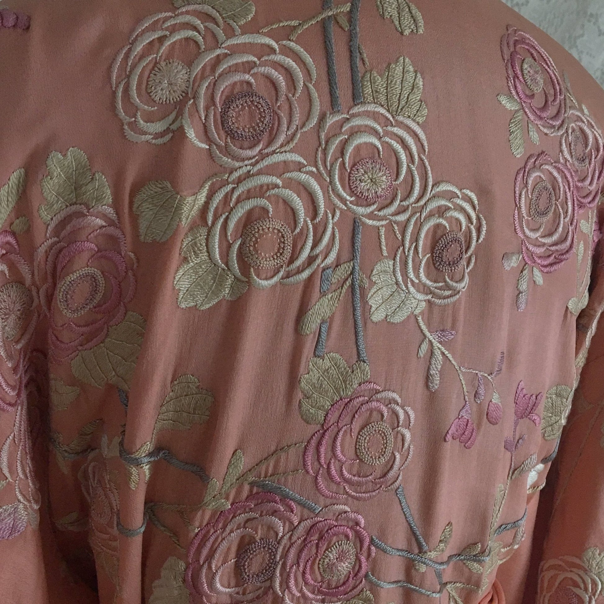 Antique 1900’s Japanese Kimono Robe | Coral Pink Silk with Pastel Floral Embroidery & Tassel Sash | Size Free - Daggers & Dames