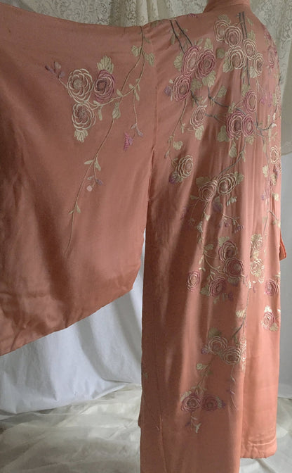 Antique 1900’s Japanese Kimono Robe | Coral Pink Silk with Pastel Floral Embroidery & Tassel Sash | Size Free - Daggers & Dames