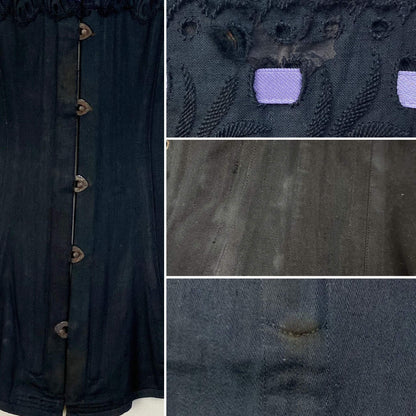 Antique 1900's Late Victorian, Early Edwardian Corset | Black Cotton with Lavender Silk Ribbon & Eyelet Lace | Size 24-28 | Made in Spain - Daggers & Dames