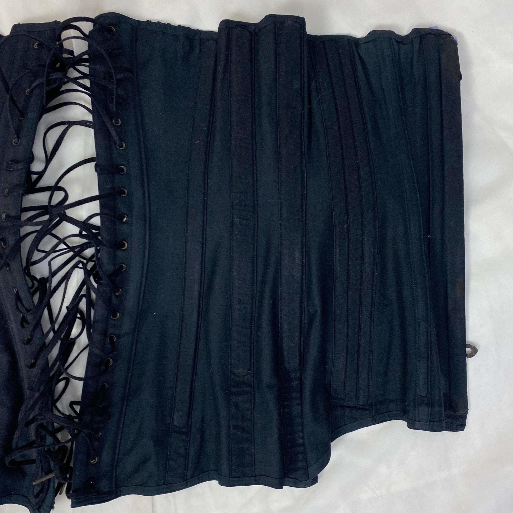 Antique 1900's Late Victorian, Early Edwardian Corset | Black Cotton with Lavender Silk Ribbon & Eyelet Lace | Size 24-28 | Made in Spain - Daggers & Dames