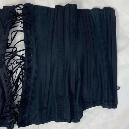 Antique 1900's Late Victorian, Early Edwardian Corset | Black Cotton with Lavender Silk Ribbon & Eyelet Lace | Size 24-28 | Made in Spain - Daggers & Dames