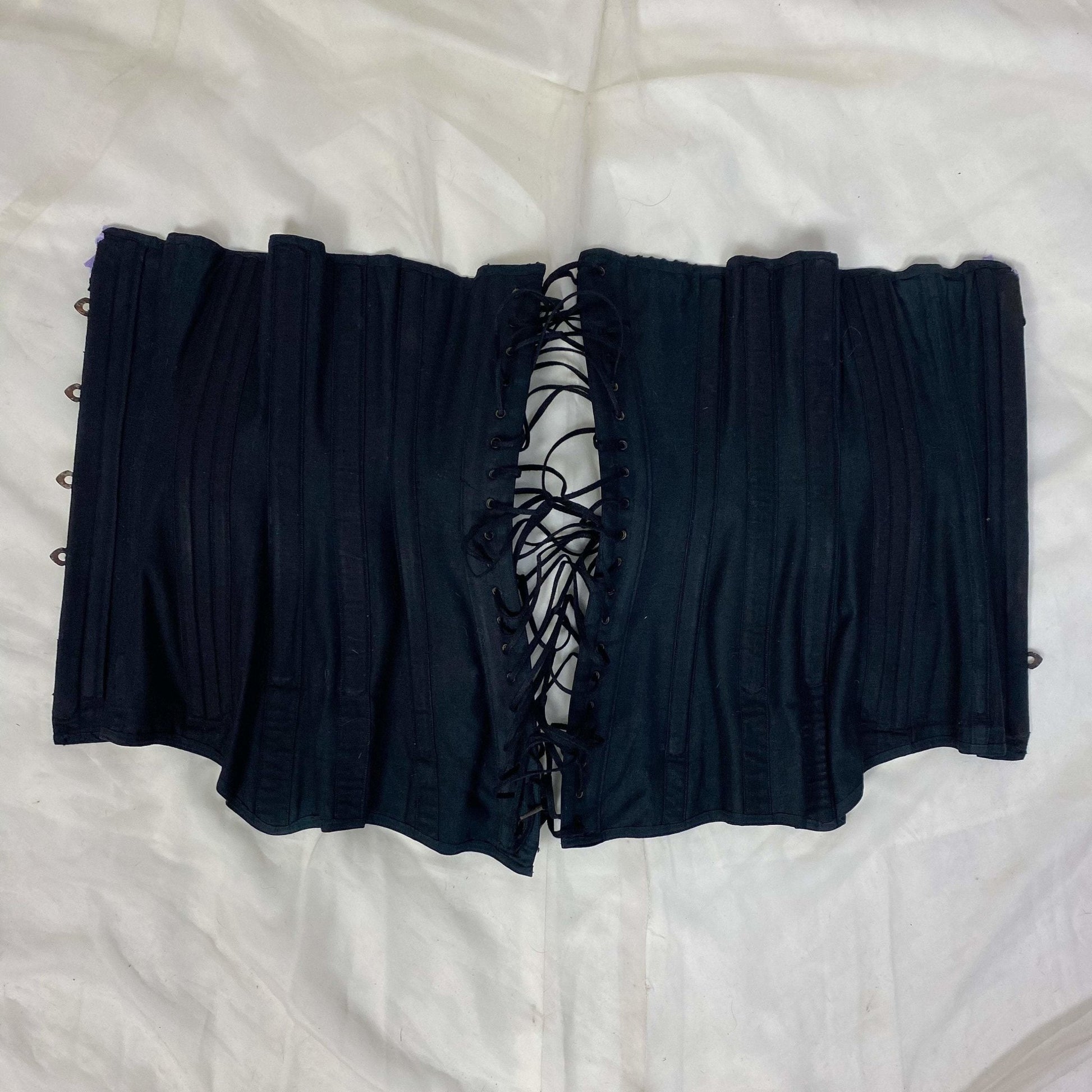 Antique 1900's Late Victorian, Early Edwardian Corset | Black Cotton with Lavender Silk Ribbon & Eyelet Lace | Size 24-28 | Made in Spain - Daggers & Dames