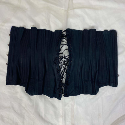 Antique 1900's Late Victorian, Early Edwardian Corset | Black Cotton with Lavender Silk Ribbon & Eyelet Lace | Size 24-28 | Made in Spain - Daggers & Dames