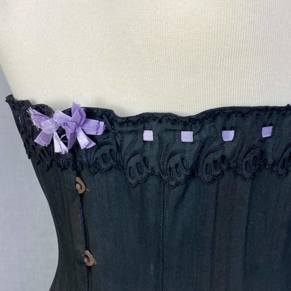 Antique 1900's Late Victorian, Early Edwardian Corset | Black Cotton with Lavender Silk Ribbon & Eyelet Lace | Size 24-28 | Made in Spain - Daggers & Dames