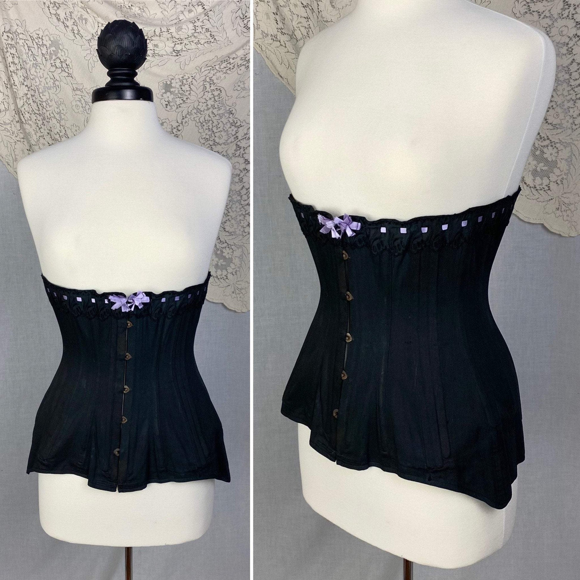Antique 1900's Late Victorian, Early Edwardian Corset | Black Cotton with Lavender Silk Ribbon & Eyelet Lace | Size 24-28 | Made in Spain - Daggers & Dames