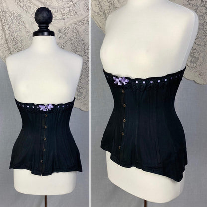 Antique 1900's Late Victorian, Early Edwardian Corset | Black Cotton with Lavender Silk Ribbon & Eyelet Lace | Size 24-28 | Made in Spain - Daggers & Dames