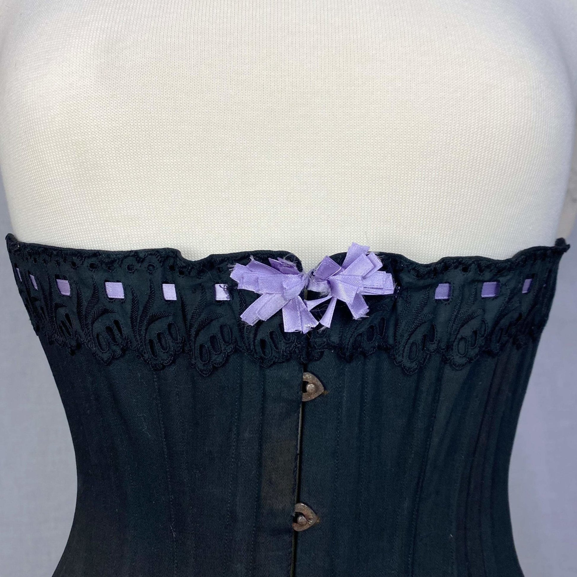 Antique 1900's Late Victorian, Early Edwardian Corset | Black Cotton with Lavender Silk Ribbon & Eyelet Lace | Size 24-28 | Made in Spain - Daggers & Dames