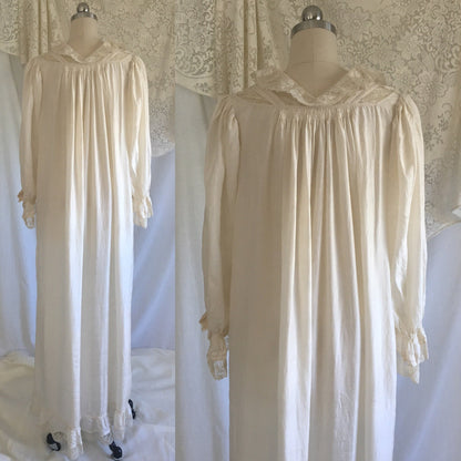 Antique 1900's Victorian Nightgown | White silk with Ruffled Valenciennes Lace & Mother of Pearl Buttons | Size S, MED - Daggers & Dames