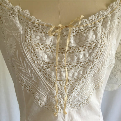 Antique 1910's Edwardian Camiknickers | White Cotton Linen Teddy with Embroidery & Eyelet Lace | Size S, MED - Daggers & Dames