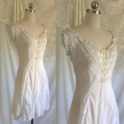 Antique 1910's Edwardian Camiknickers | White Cotton Linen Teddy with Embroidery & Eyelet Lace | Size S, MED - Daggers & Dames