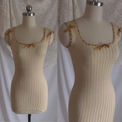 Antique 1910's Edwardian Camisole | Champagne Silk & Cotton Knit with Caramel Ribbon | Size XXS, XS - Daggers & Dames