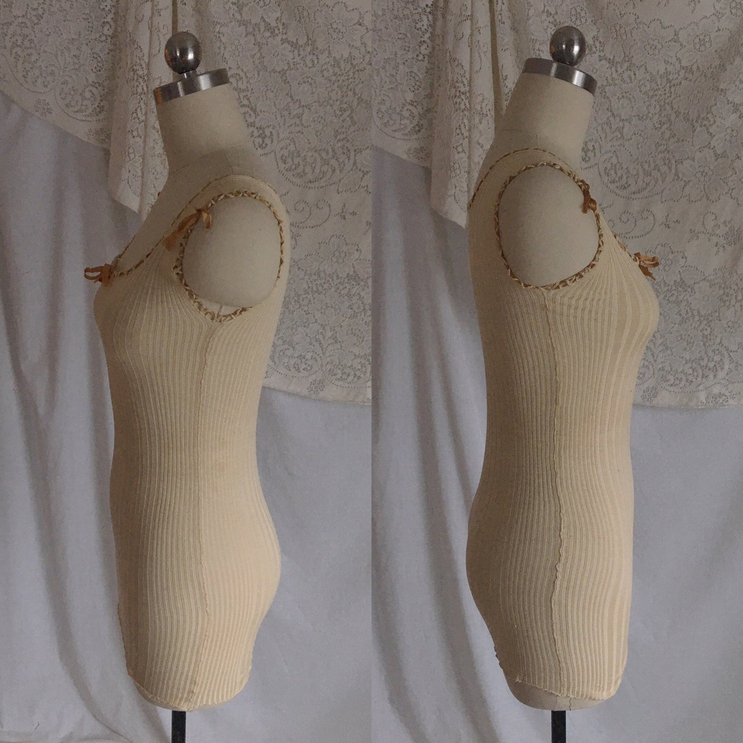 Antique 1910's Edwardian Camisole | Champagne Silk & Cotton Knit with Caramel Ribbon | Size XXS, XS - Daggers & Dames
