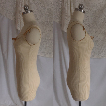 Antique 1910's Edwardian Camisole | Champagne Silk & Cotton Knit with Caramel Ribbon | Size XXS, XS - Daggers & Dames
