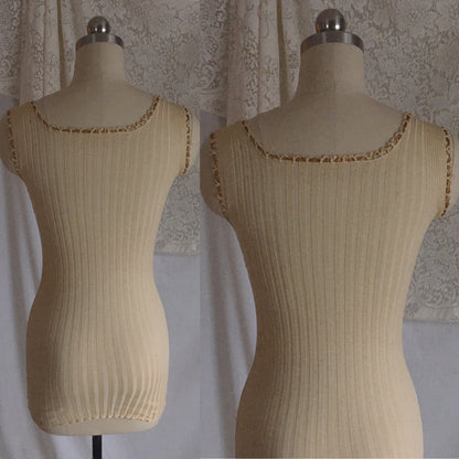 Antique 1910's Edwardian Camisole | Champagne Silk & Cotton Knit with Caramel Ribbon | Size XXS, XS - Daggers & Dames