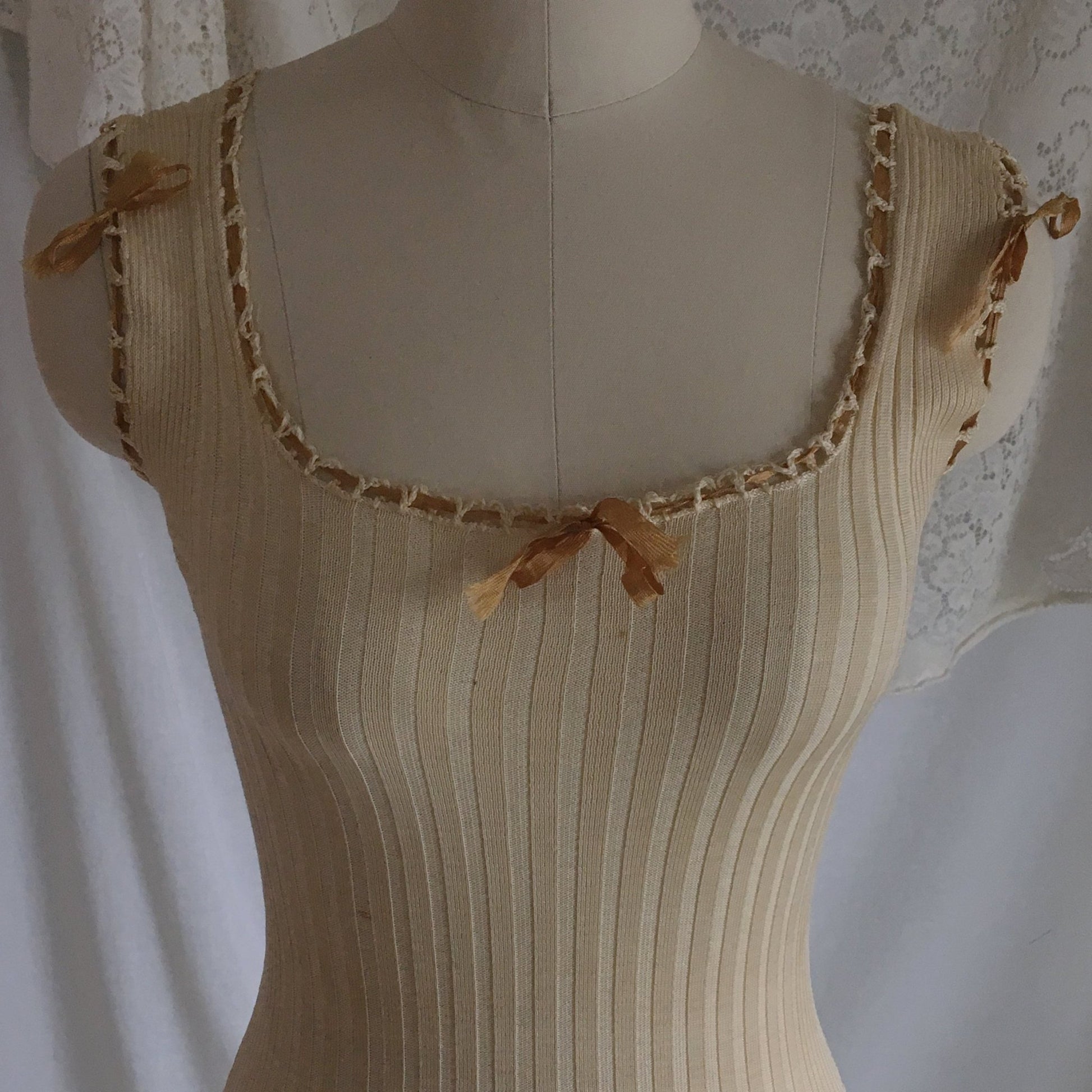 Antique 1910's Edwardian Camisole | Champagne Silk & Cotton Knit with Caramel Ribbon | Size XXS, XS - Daggers & Dames