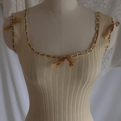Antique 1910's Edwardian Camisole | Champagne Silk & Cotton Knit with Caramel Ribbon | Size XXS, XS - Daggers & Dames