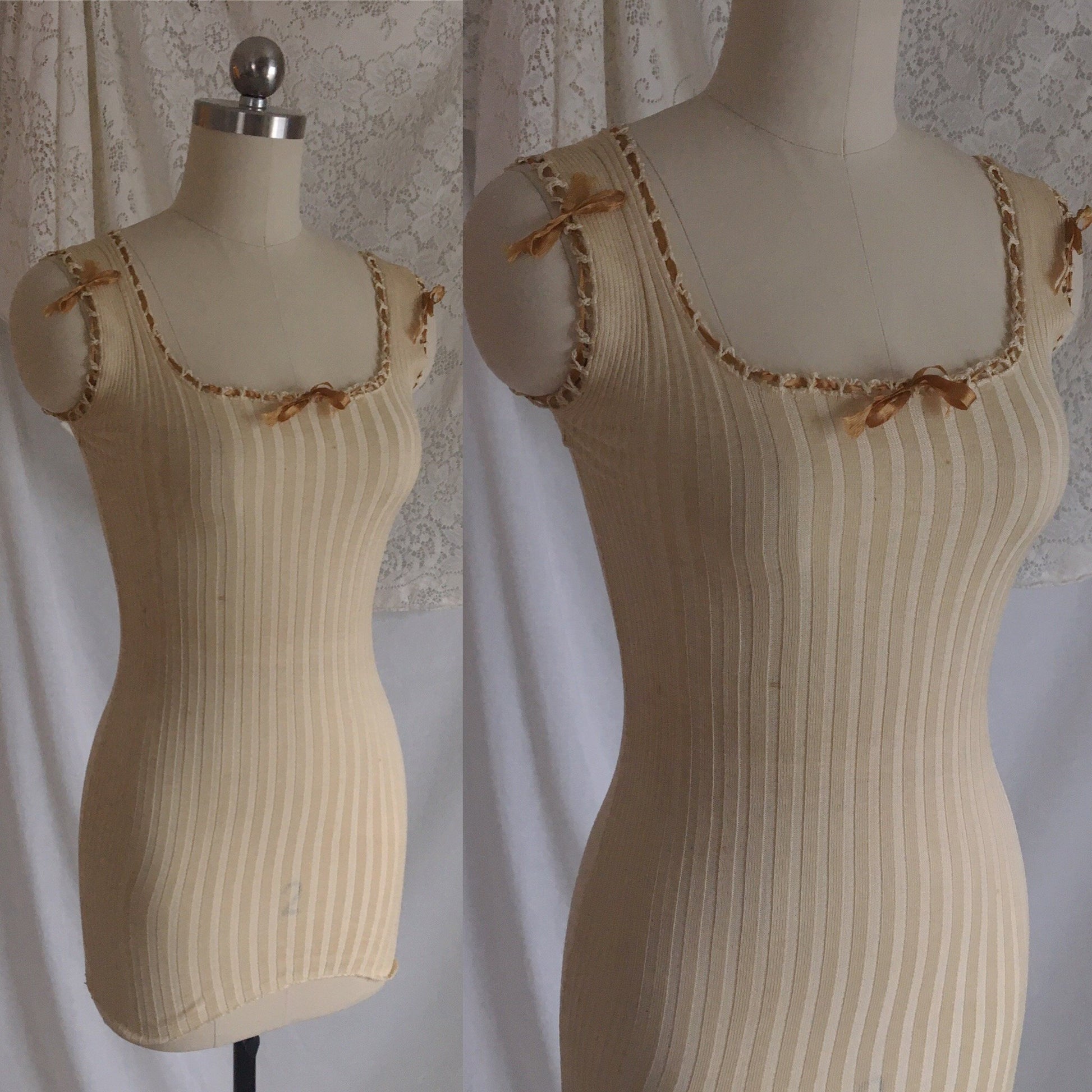Antique 1910's Edwardian Camisole | Champagne Silk & Cotton Knit with Caramel Ribbon | Size XXS, XS - Daggers & Dames