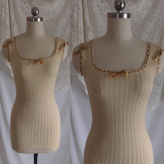 Antique 1910's Edwardian Camisole | Champagne Silk & Cotton Knit with Caramel Ribbon | Size XXS, XS - Daggers & Dames